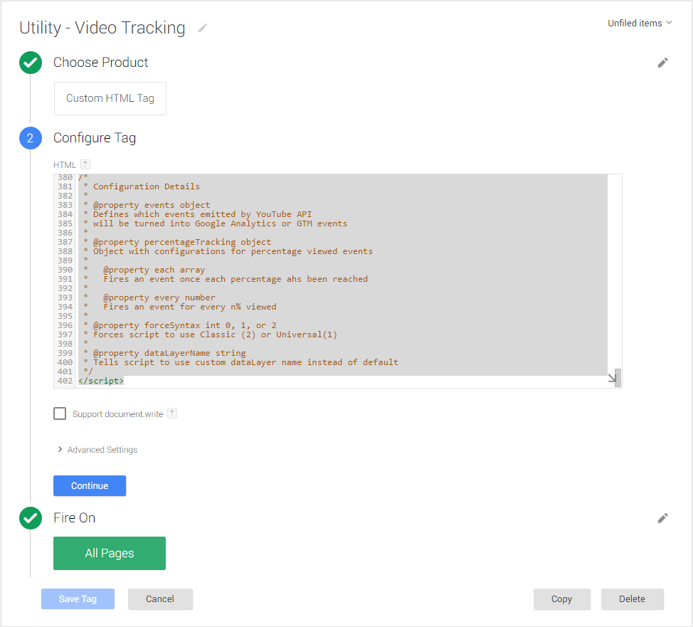 youtube tracking in google tag manager-script